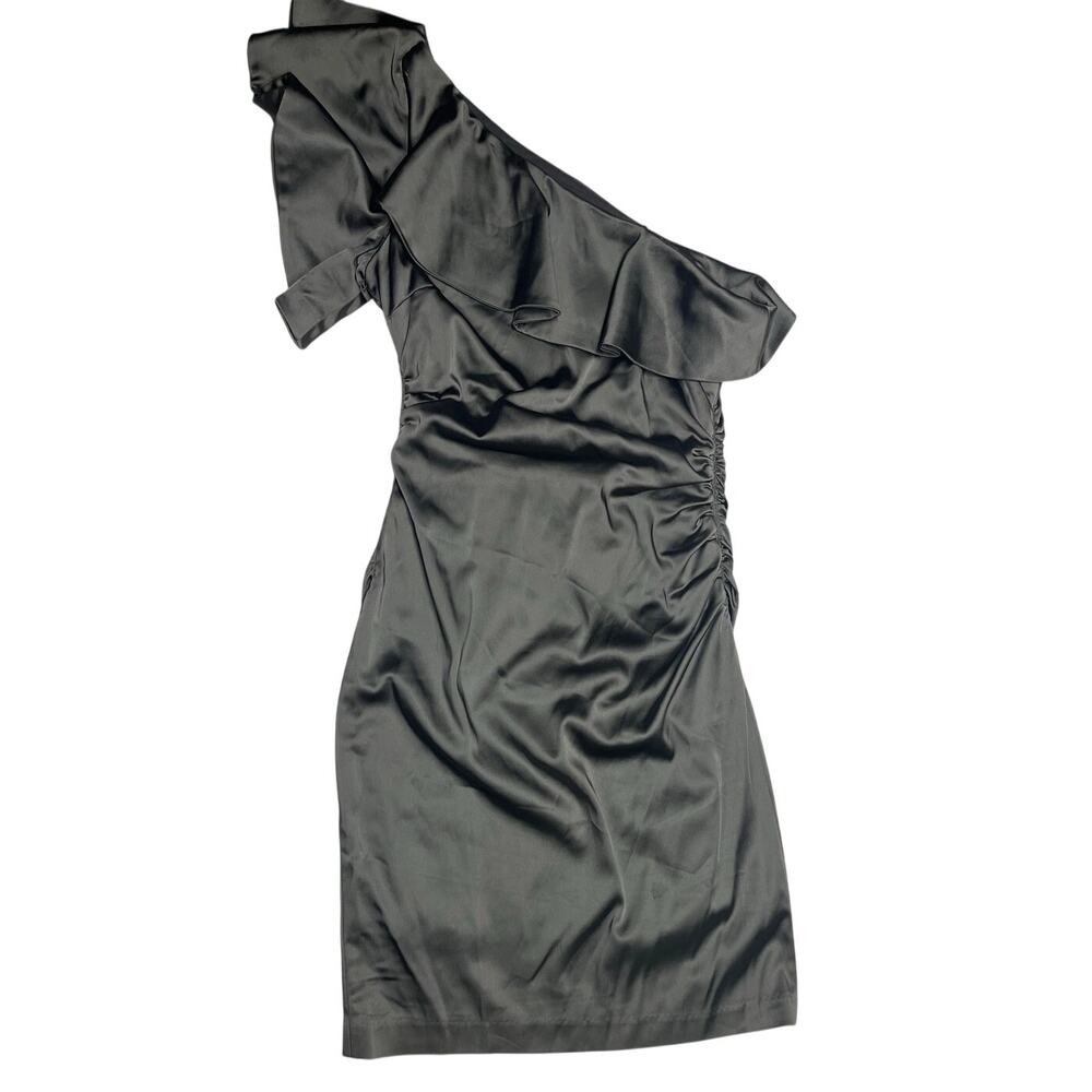 Maggy London One Shoulder Ruffel Top Cocktail Dress Size 6, Olive Green
